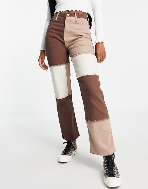 Hollister - Denim jeans met patchwork en hoge taille in bruin 