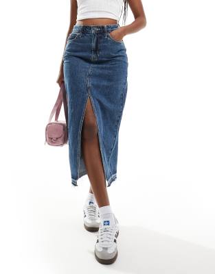 Hollister denim maxi skirt in mid blue