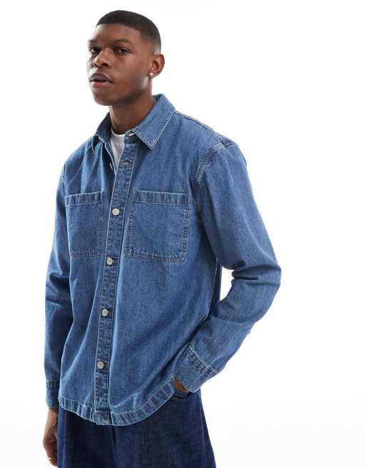 Hollister - Denim overshirt in medium blauwe wassing