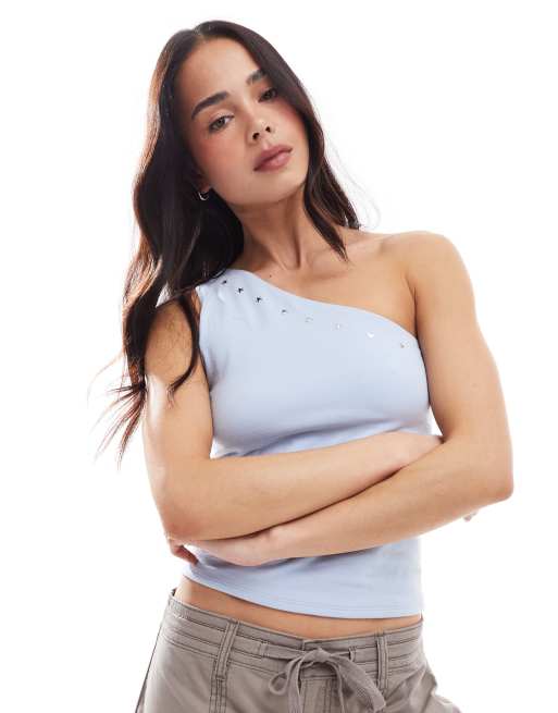 Hollister diamante motif one shoulder top in blue, 4 of 4