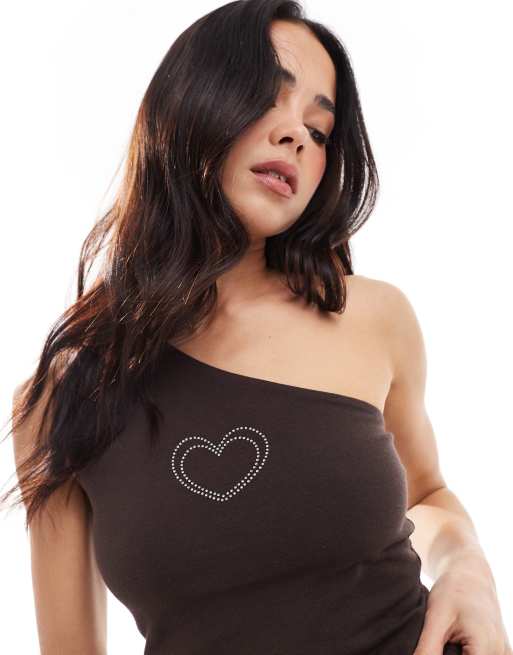 Hollister diamante motif one shoulder top in brown, 3 of 4