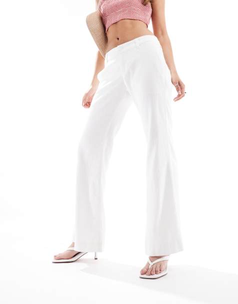 Hollister low rise linen tailored baggy flare trousers in white