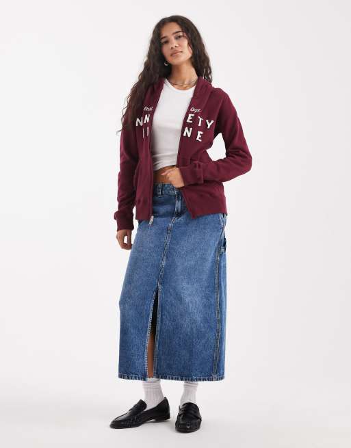 Hollister double zip graphic hooded jumper in burgundy ASOS