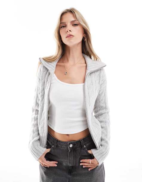 Hollister double zip knitted jumper in grey - view 1