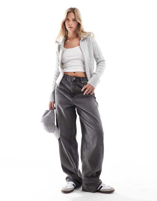 Hollister double zip knitted jumper in grey