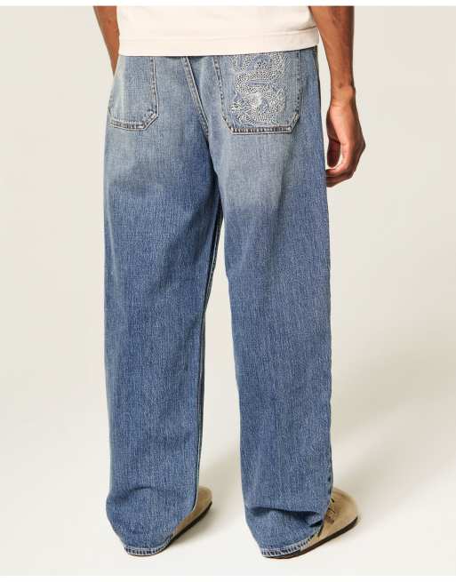 Hollister Dragon graphic skater baggy jeans in dark, 3 of 4