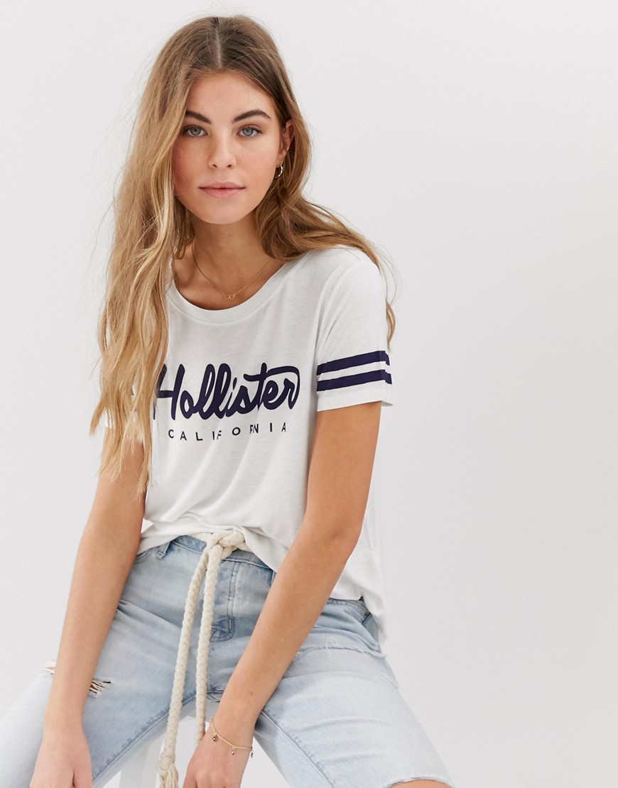 Hollister drapey logo t-shirt with sport stripe sleeve-White