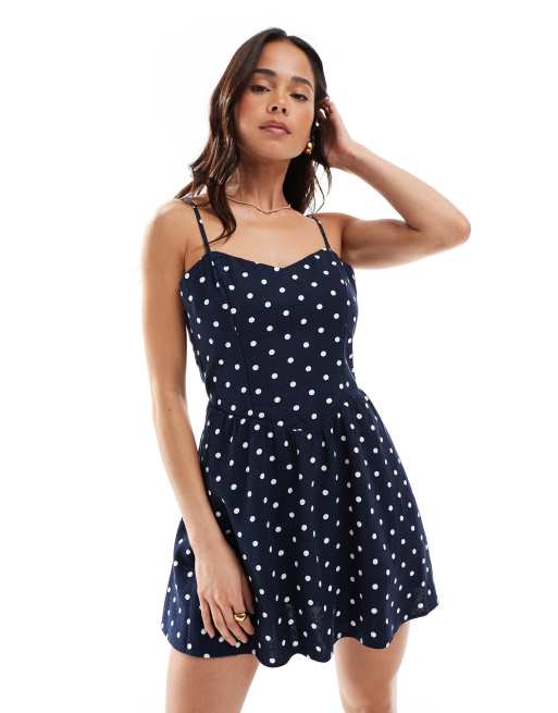 Hollister dropped waist spaghetti straps mini dress in navy polka dot