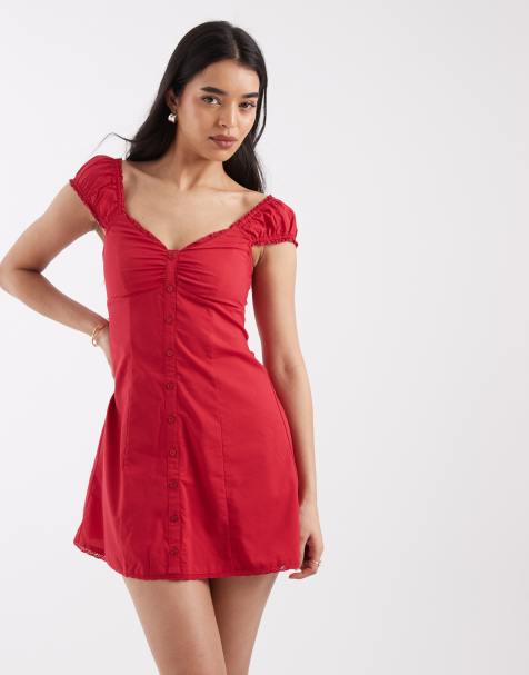 Hollister – Durchgeknöpftes Minikleid in Rot mit Kappärmeln - view 1