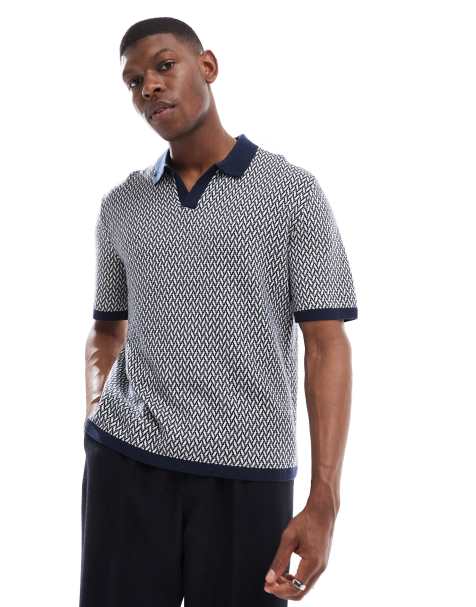 Hollister knitted contrast collar preppy polo top in multi geo print