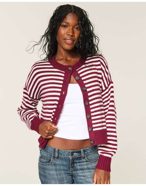Hollister Easy crew cardigan in burgundy stripe, 2 of 5