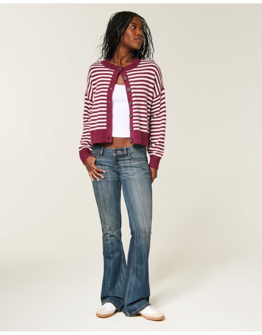 Hollister Easy crew cardigan in burgundy stripe, 3 of 5