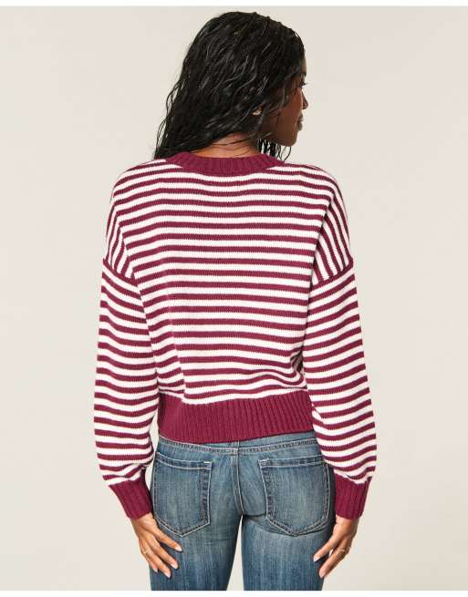 Hollister Easy crew cardigan in burgundy stripe, 4 of 5
