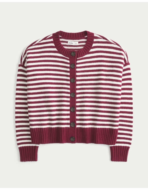 Hollister Easy crew cardigan in burgundy stripe, 5 of 5