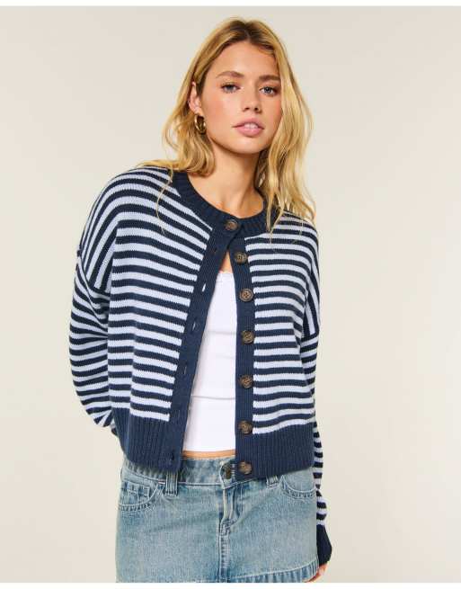 Hollister Easy crew cardigan in navy stripe