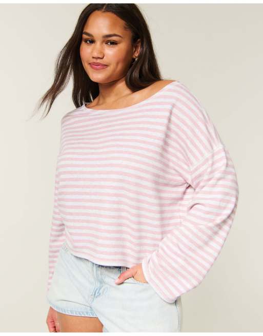 Hollister Easy striped off-the-shoulder sweatshirt in light pink stripe