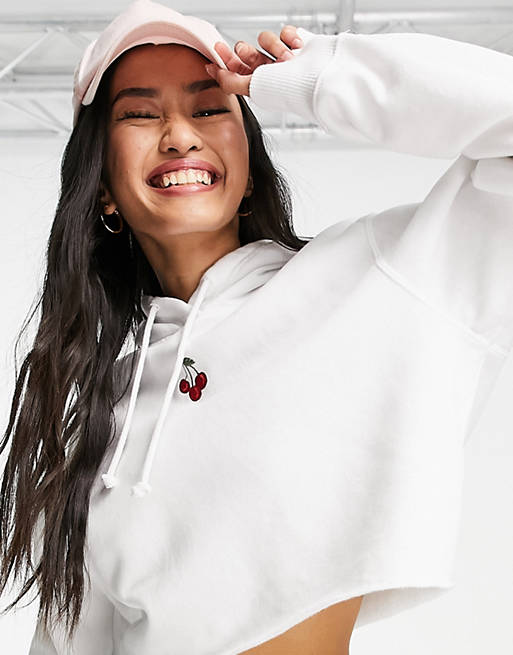 Hollister embroidered cherry cropped hoodie in white