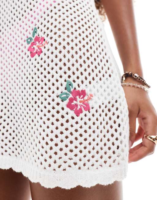 Hollister embroidered crochet spaghetti strap mini dress with an open back in red floral print