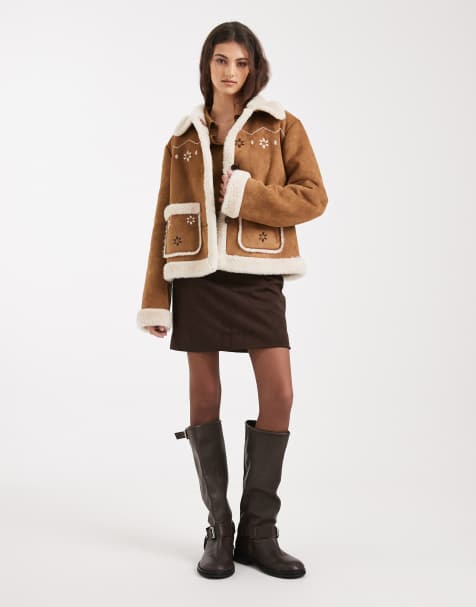 Hollister embroidered cropped shearling jacket in brown - view 1