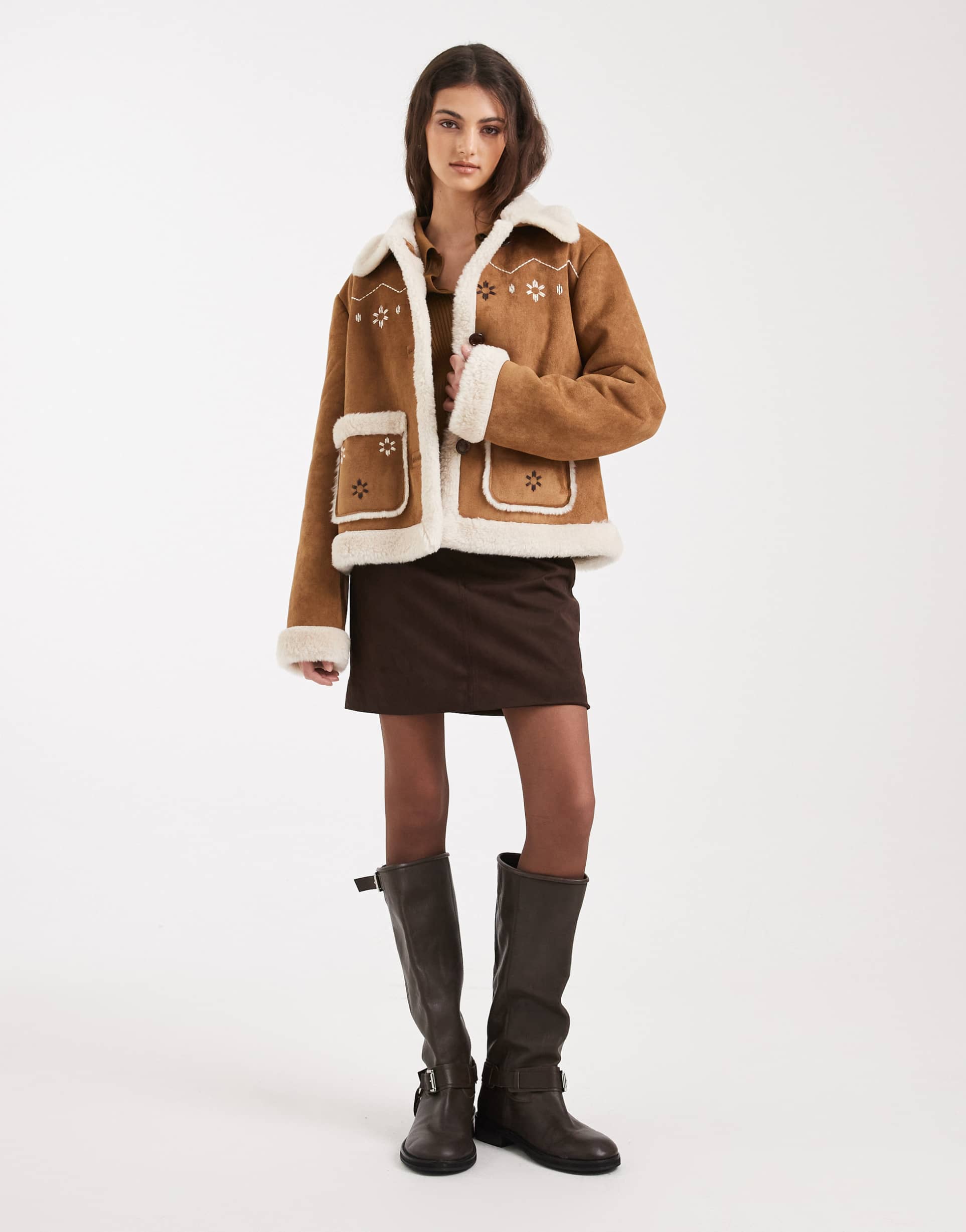 hollister embroidered cropped shearling jacket in brown