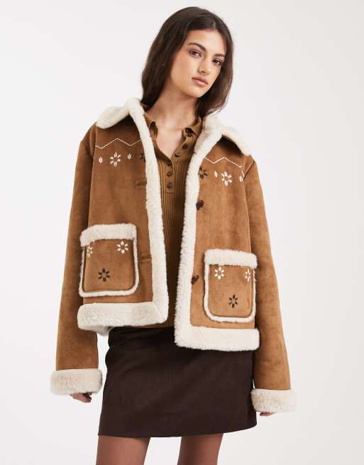 Hollister embroidered cropped shearling jacket in brown | ASOS