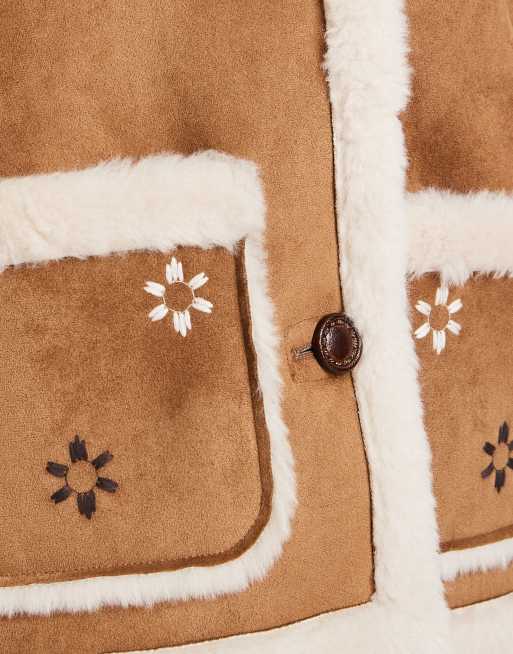 Hollister embroidered cropped shearling jacket in brown | ASOS