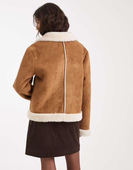 Hollister embroidered cropped shearling jacket in brown | ASOS