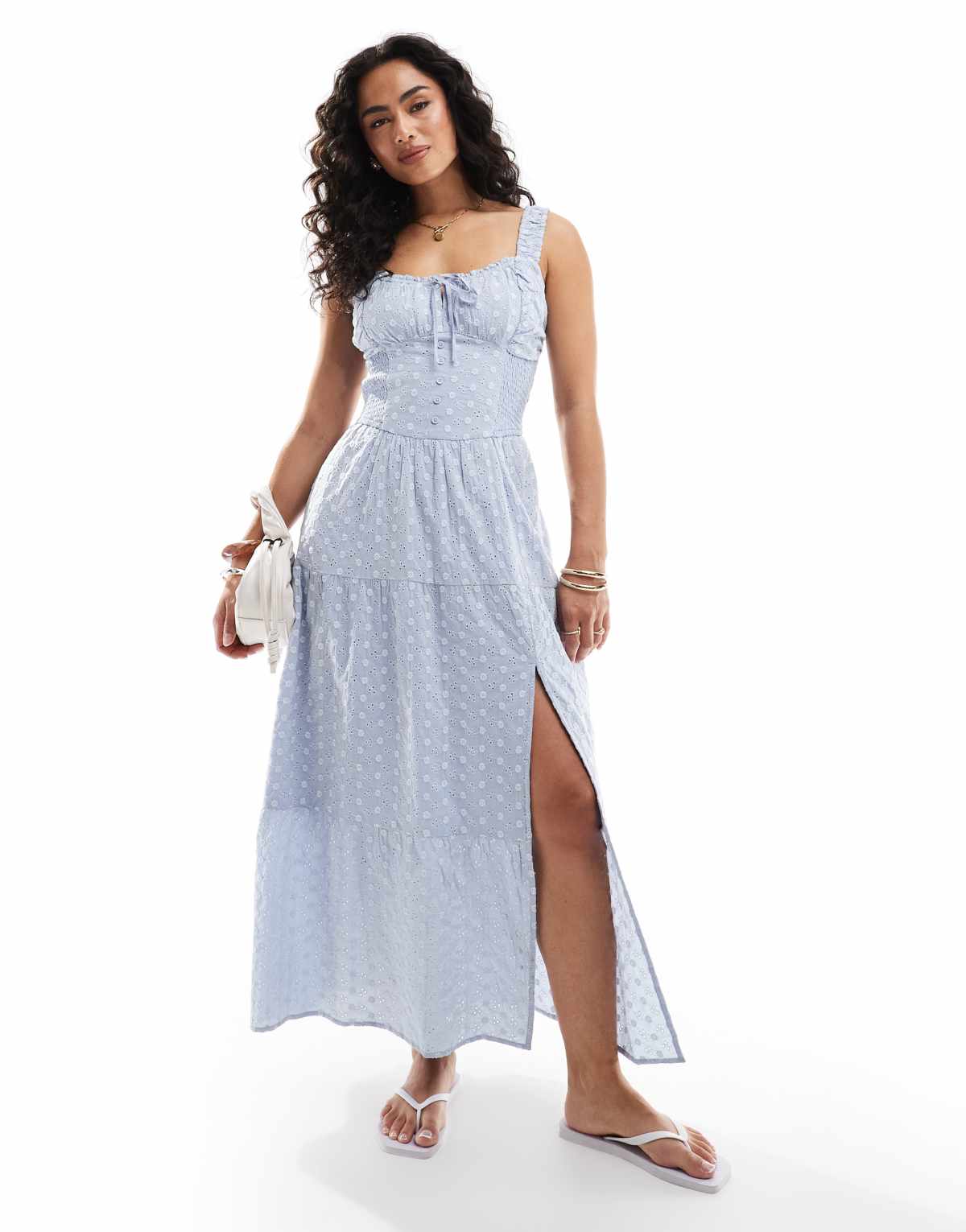Hollister embroidered eyelet detail shirred bust maxi dress with thigh split in blue