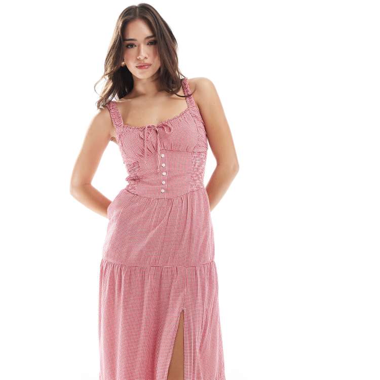 Hollister embroidered eyelet detail shirred bust maxi dress with thigh  split in red gingham | ASOS