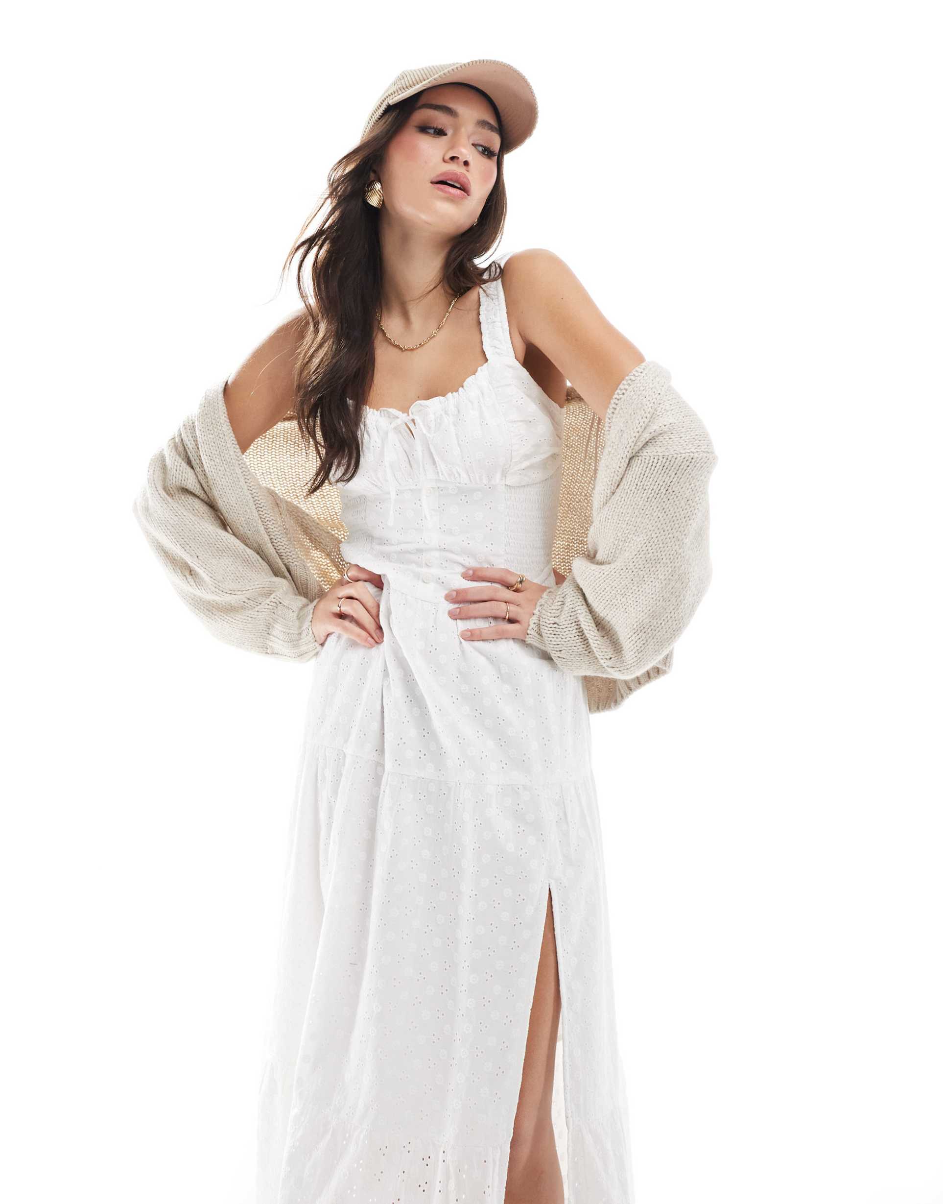 hollister embroidered eyelet detail shirred bust maxi dress with thigh split in white