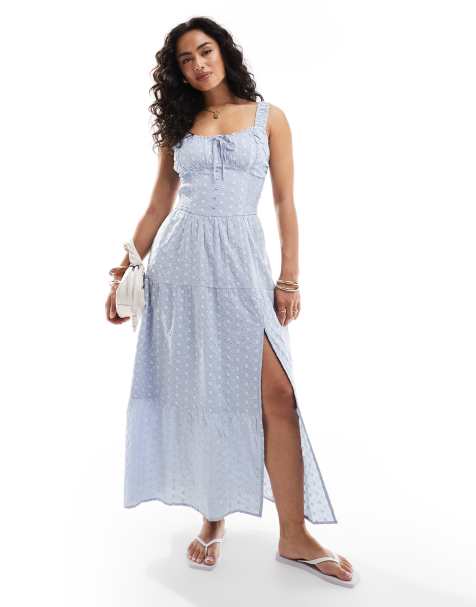 Hollister embroidered maxi dress with thigh split in blue - view 1