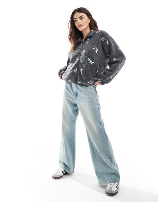 Hollister embroidered sherp linef fleece jacket in black floral, 4 of 4