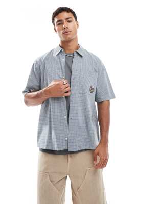 Hollister embroidered short sleeve shirt in blue gingham - view 1