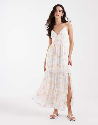 Hollister embroidered strappy tiered maxi dress in stamp print multi 13490₽