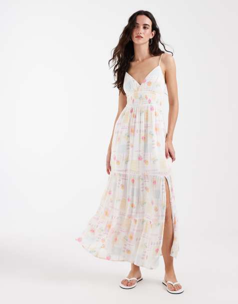 Hollister embroidered strappy tiered maxi dress in stamp print