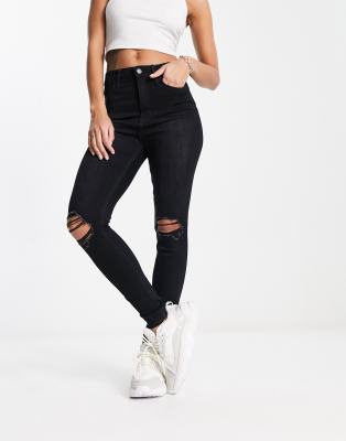 Hollister - Eng geschnittene Jeans in verwaschenem Schwarz mit besonders hohem Bund-Black