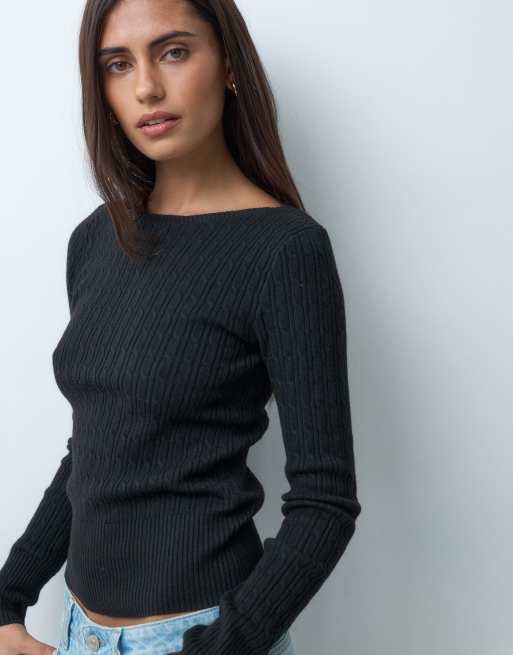 Hollister enganliegender Pullover mit Zopfmuster und U-Boot-Ausschnitt in Schwarz, 2 von 4
