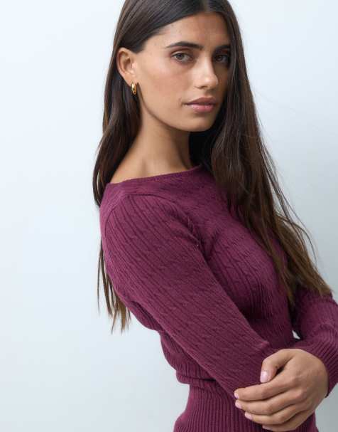 Hollister enganliegender Zopfmuster-Pullover mit U-Boot-Ausschnitt in Burgunderrot - view 1