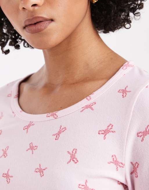Hollister - Ensemble de pyjama avec haut à manches longues et short - Rose avec nœuds, 2 de 4