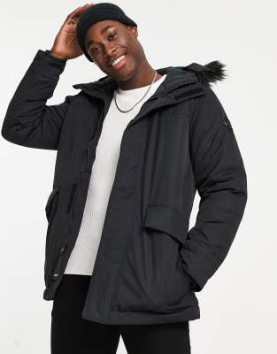 Hollister everyday faux fur trim hooded parka coat in black - ASOS Price Checker