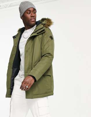 Hollister everyday faux fur trim hooded parka coat in green