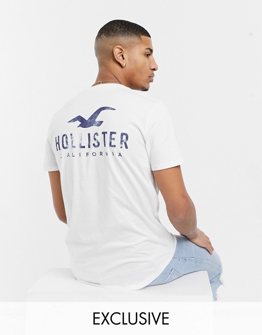 Hollister Exclusive to Asos front & back logo print curved hem t-shirt in white