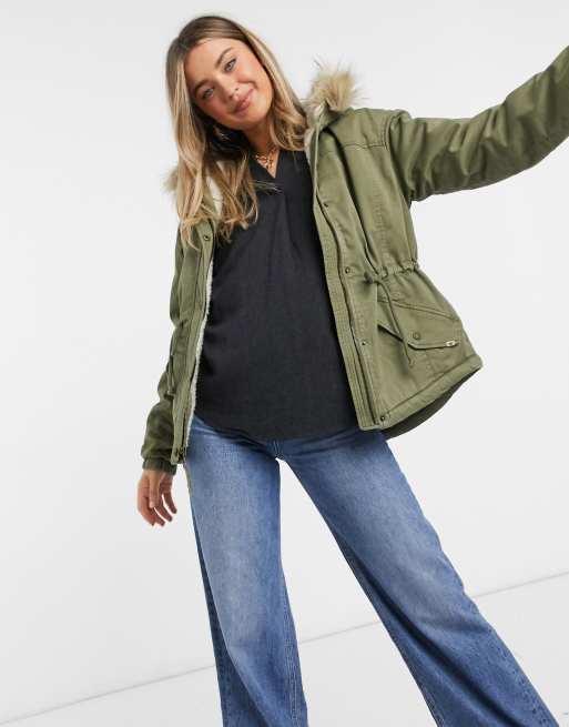 Hollister faux fur hood jacket in olive