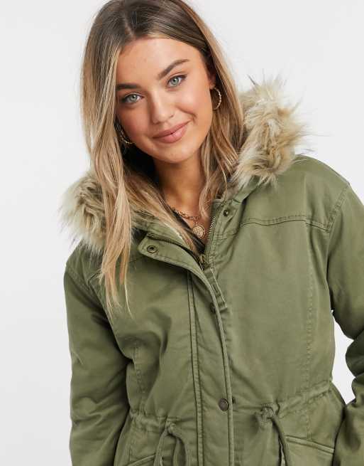 Hollister Khaki Cotton Coat/Jacket with Faux Fur Hood Trim UK XS