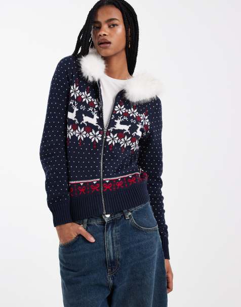 Hollister faux fur hood zip through knit jumper in navy fairisle - view 1