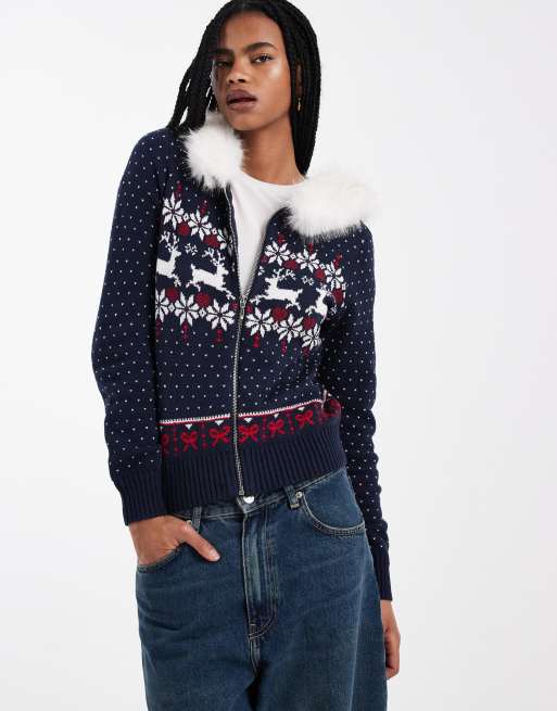 Hollister faux fur hood zip through knit jumper in navy fairisle