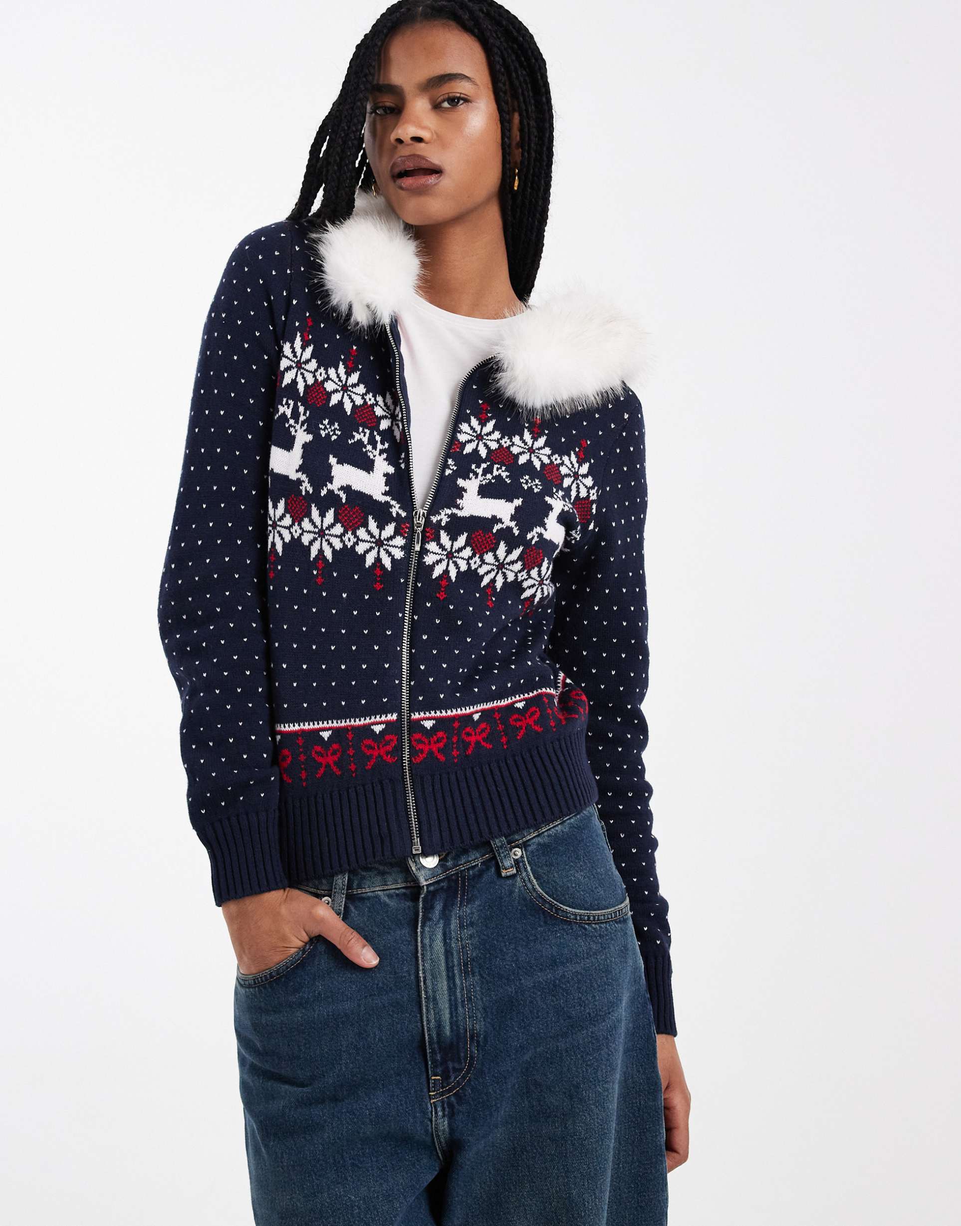 hollister faux fur hood zip up knit sweater in navy fairisle