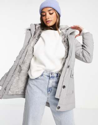 Hollister Faux Fur Hooded Parka Jacket In Gray