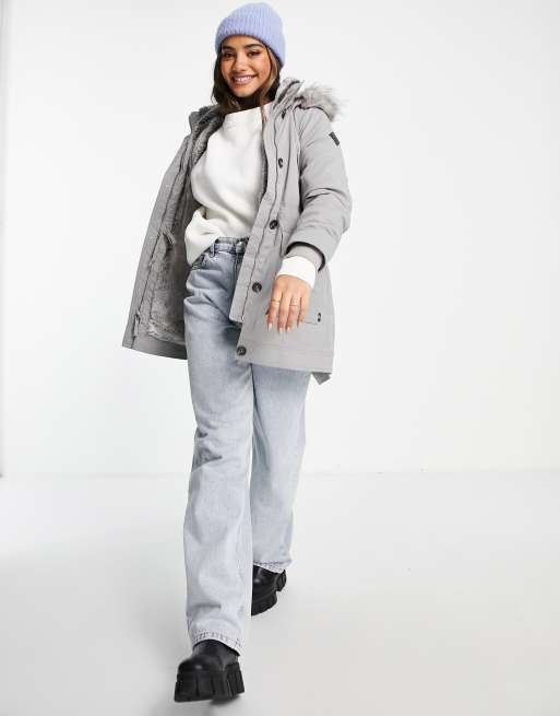 Hollister Teddy Lined Parka Jacket With Faux Fur Hood In Grey for Women