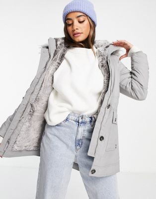 Hollister faux fur hooded parka jacket in grey  | ASOS